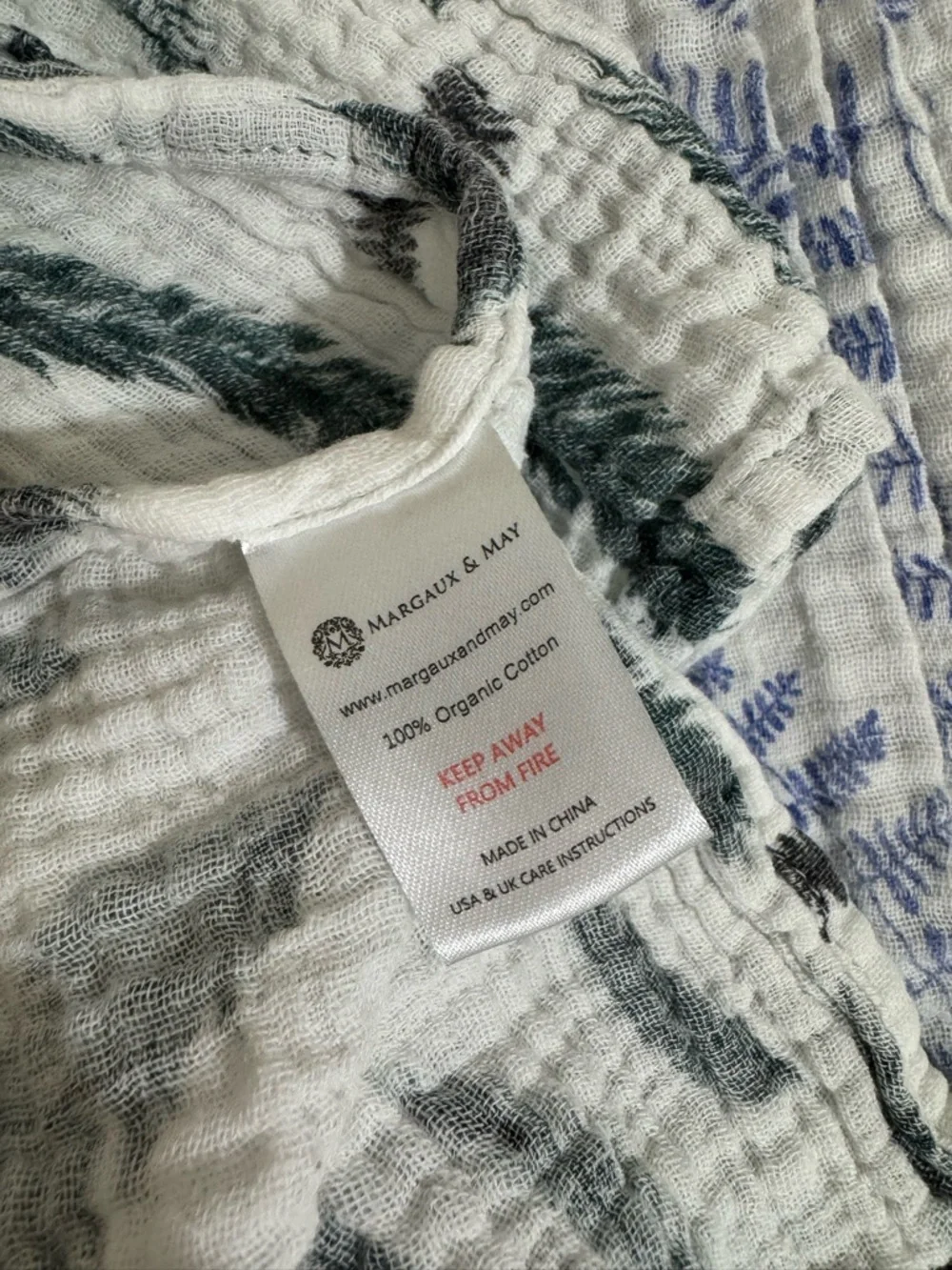 Margaux & May Lightweight White Cotton Scarf with Green and Blue Floral Print